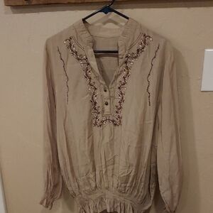 Rosio Beige Blouse with Red Embroidery